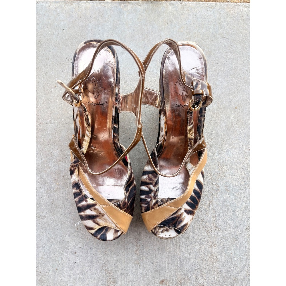 Y2K Baby Phat Women Animal Palm Print Wedge Espadrille Platform Sandals 9.5 - Picture 2 of 5